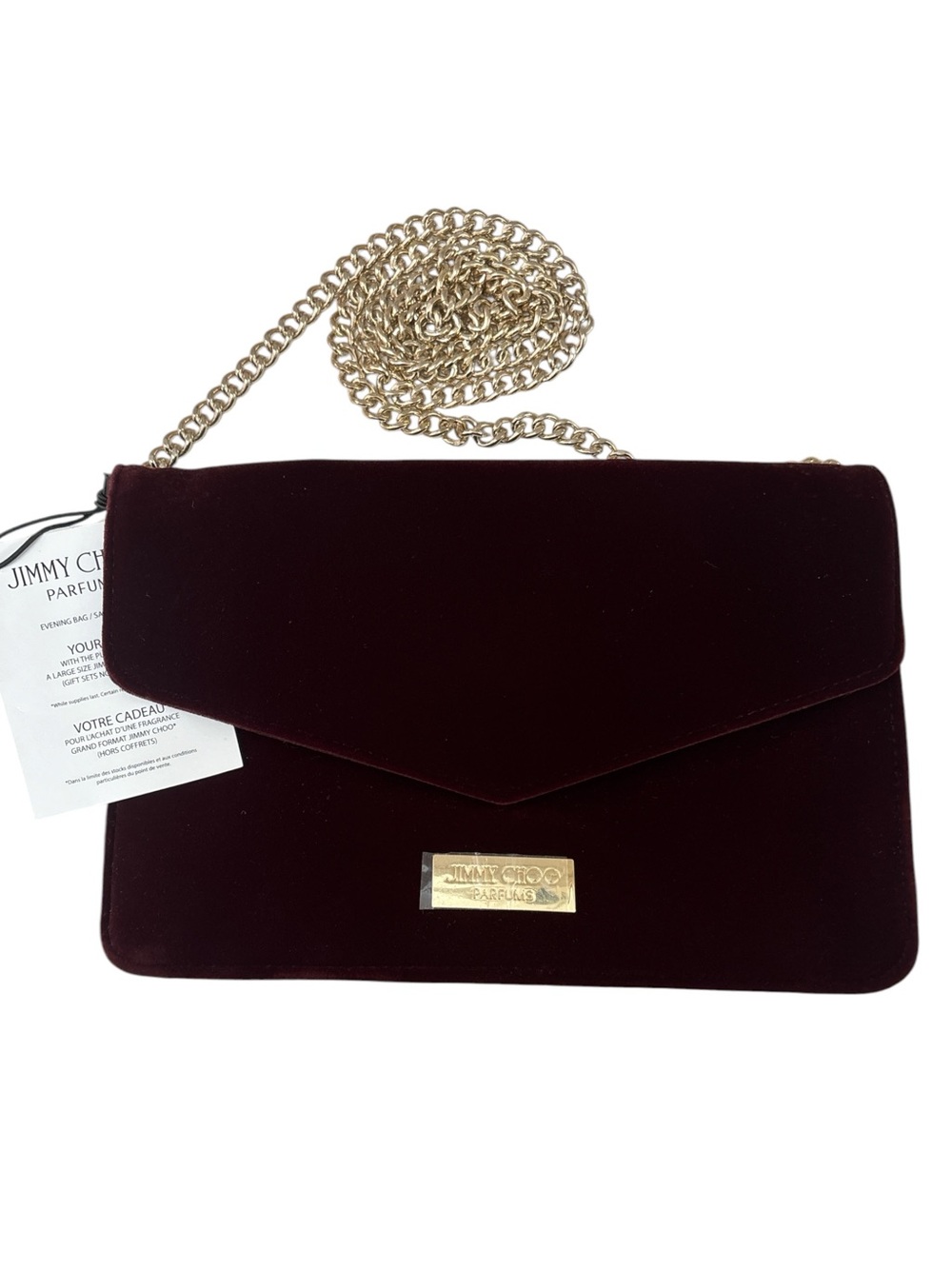 Jimmy Choo GWP Burgundy Velvet Envelope Shoulder Bag with Gold Chain